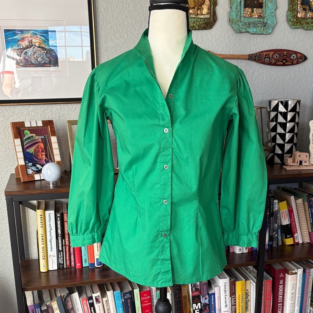 Vintage 80s/90s Pigalle Kelly Green Puff‎  3/4 Sleeve Button Down Size 7/8